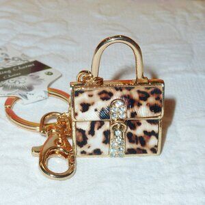 NWT Sparkling Charms Leopard Handbag Bag Charm Key Chain in Gold Tone